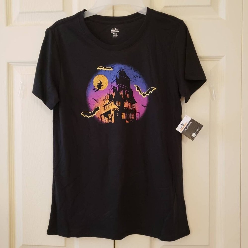 Celebrate Halloween Women's Black Tee Size Small Retro Haunted House Gold Foil